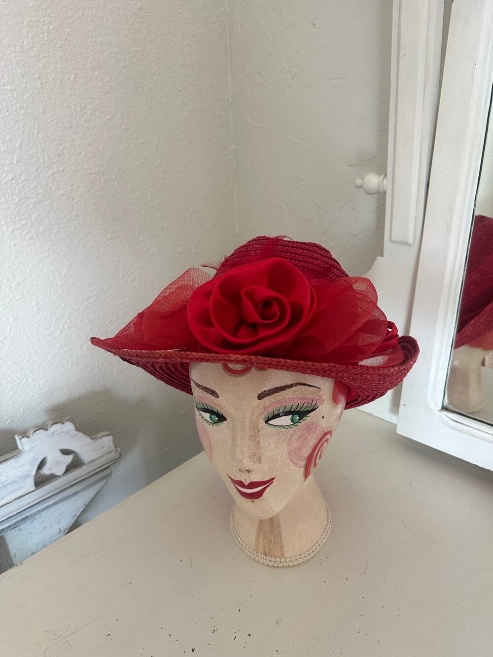 Vintage Women’s Red 100% Straw Wide Brim Hat with Rose and Tulle Accent